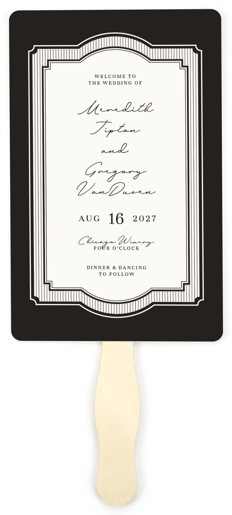 This is a 5" x 7⅞" Wedding Program Fan called Opulent Endearment printed in full color with Gold foil on Premium Smooth paper
