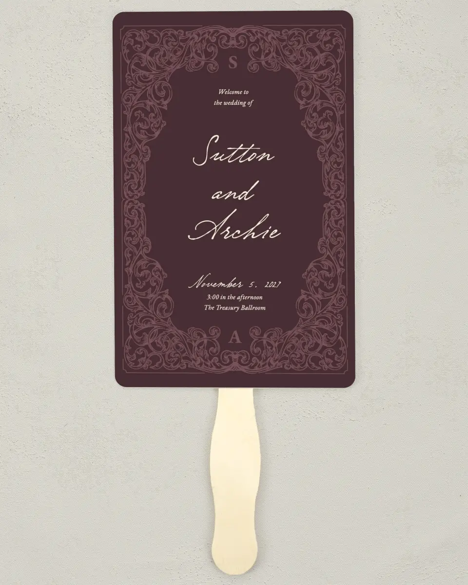 This is a 5" x 7⅞" Wedding Program Fan called Victorian Aura printed in full color with Gold foil on Premium Smooth paper