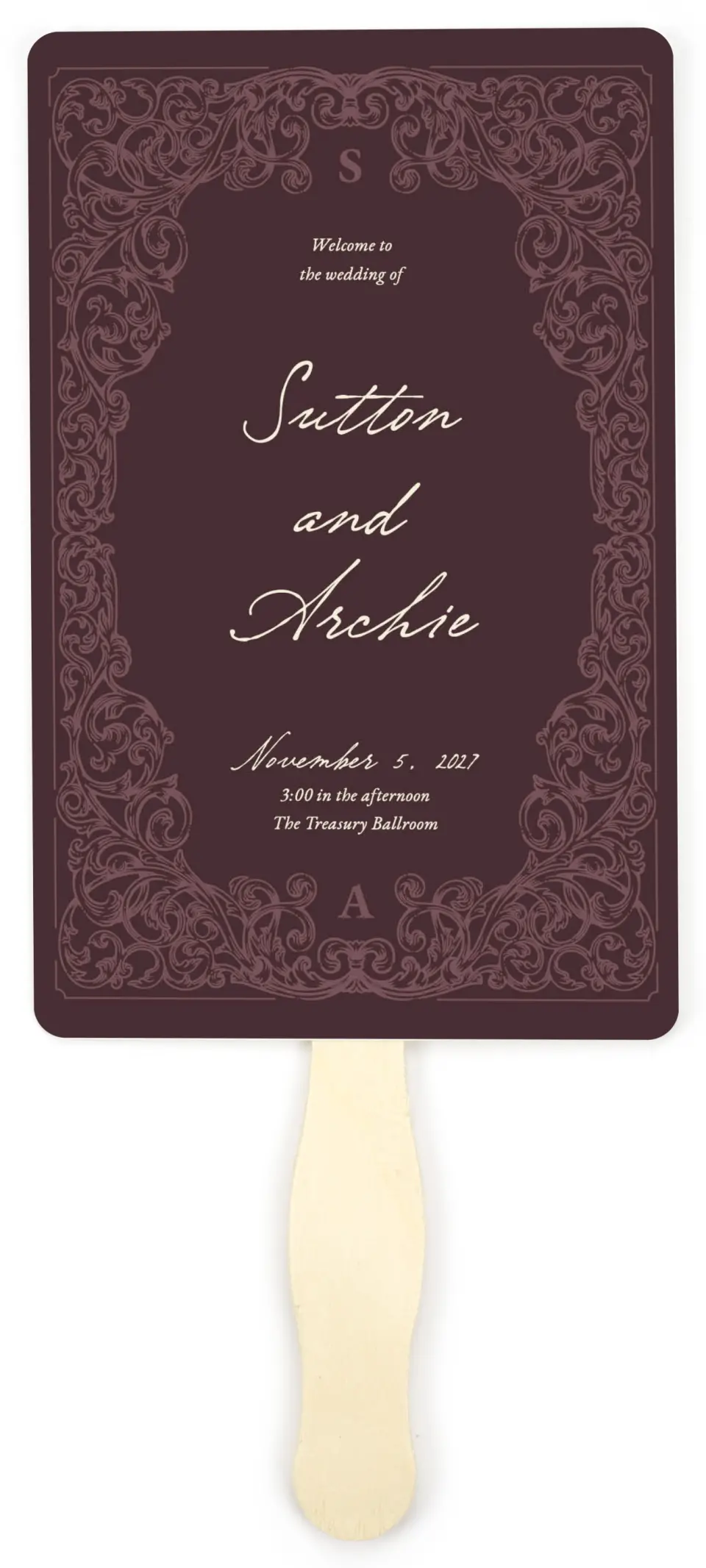 This is a 5" x 7⅞" Wedding Program Fan called Victorian Aura printed in full color with Gold foil on Premium Smooth paper