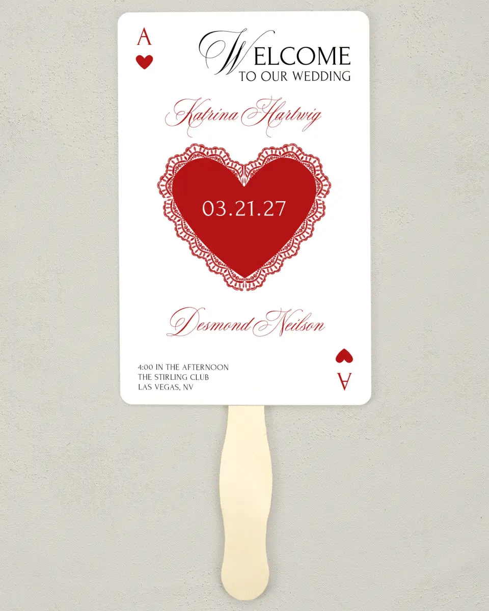 This is a 5" x 7⅞" Wedding Program Fan called Elevated Vegas printed in full color with Gold foil on Premium Smooth paper