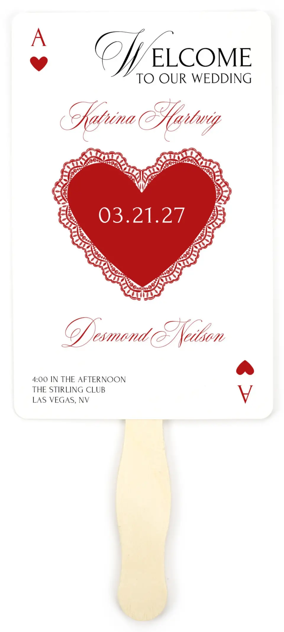 This is a 5" x 7⅞" Wedding Program Fan called Elevated Vegas printed in full color with Gold foil on Premium Smooth paper