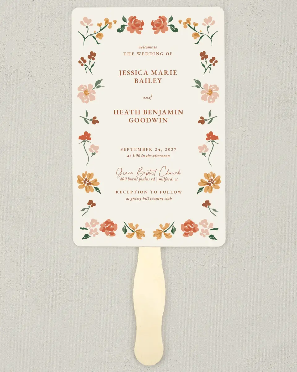 This is a 5" x 7⅞" Wedding Program Fan called Plush Petals printed in full color with Gold foil on Premium Smooth paper