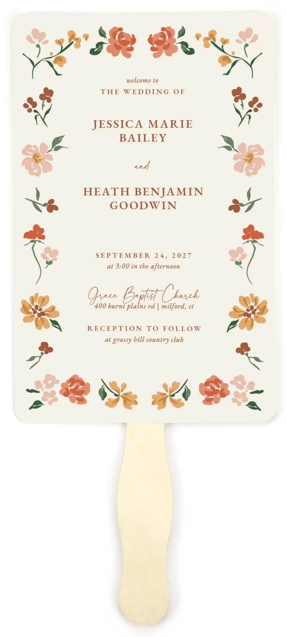 This is a 5" x 7⅞" Wedding Program Fan called Plush Petals printed in full color with Gold foil on Premium Smooth paper