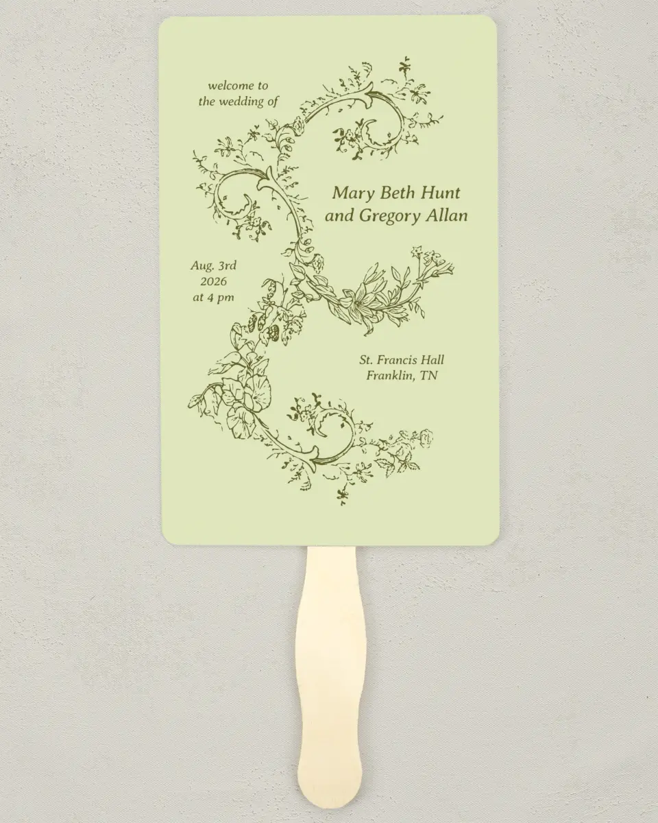 This is a 5" x 7⅞" Wedding Program Fan called Vintage Chinoiserie printed in full color with Gold foil on Premium Smooth paper