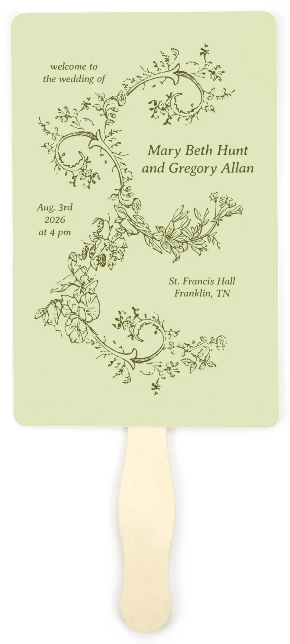 This is a 5" x 7⅞" Wedding Program Fan called Vintage Chinoiserie printed in full color with Gold foil on Premium Smooth paper