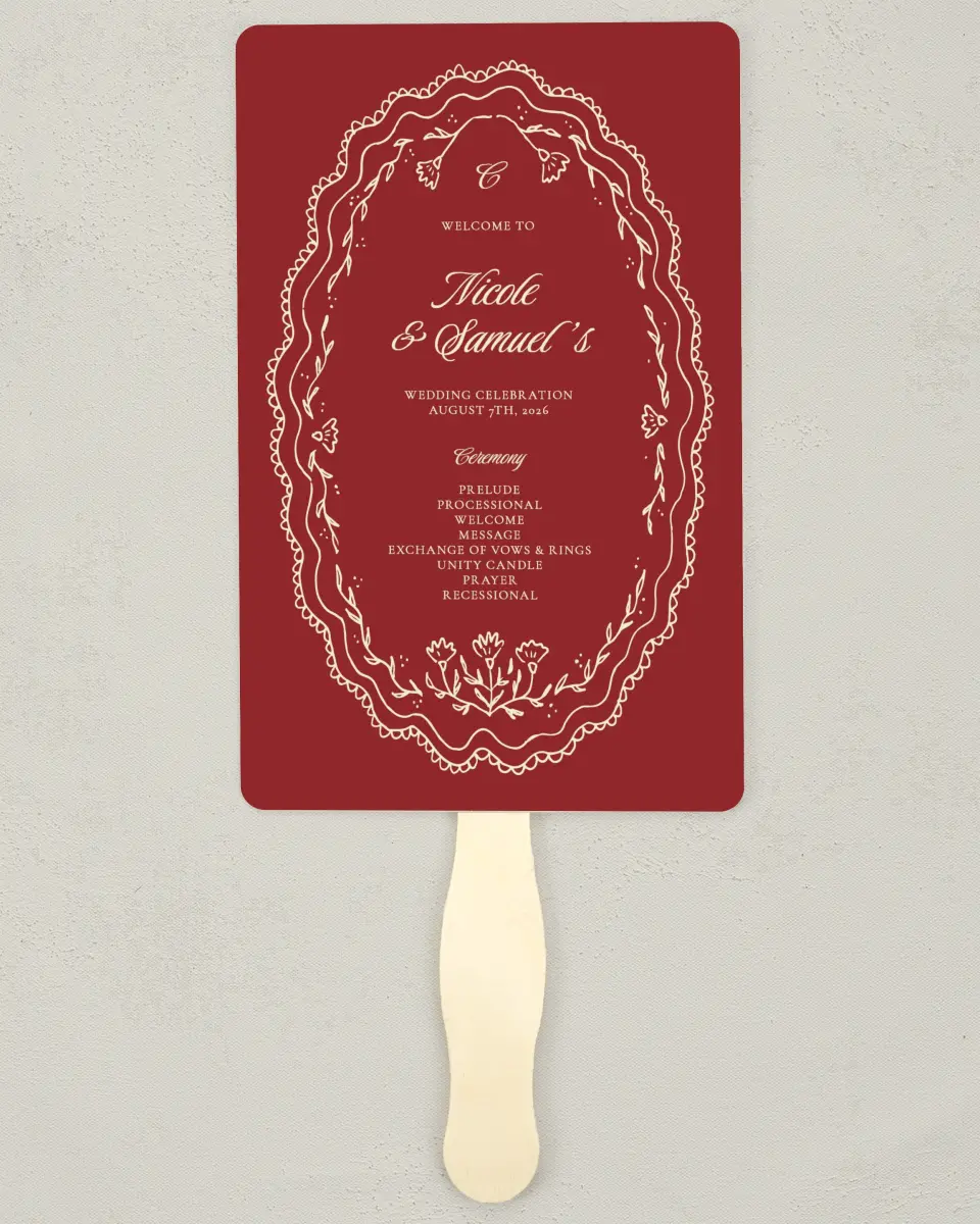 This is a 5" x 7⅞" Wedding Program Fan called Bloom & Crest printed in full color with Gold foil on Premium Smooth paper