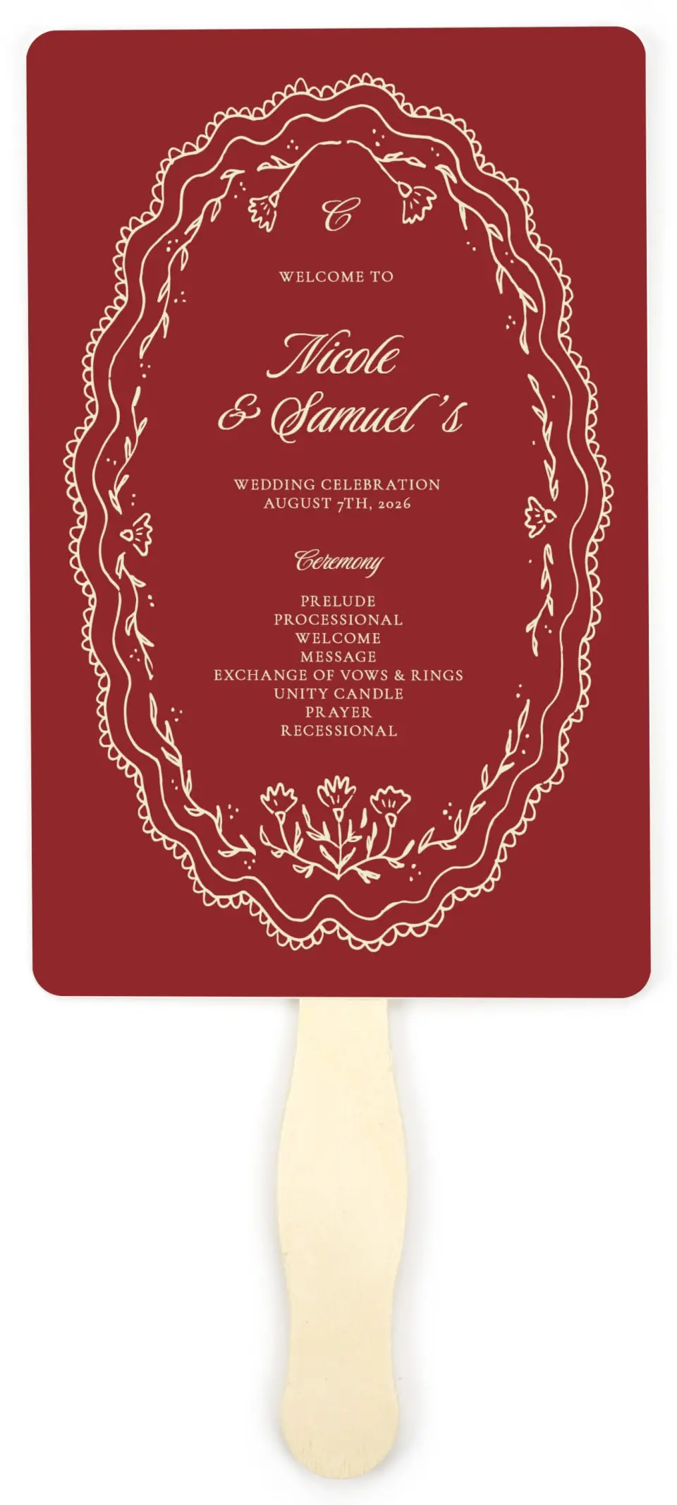 This is a 5" x 7⅞" Wedding Program Fan called Bloom & Crest printed in full color with Gold foil on Premium Smooth paper