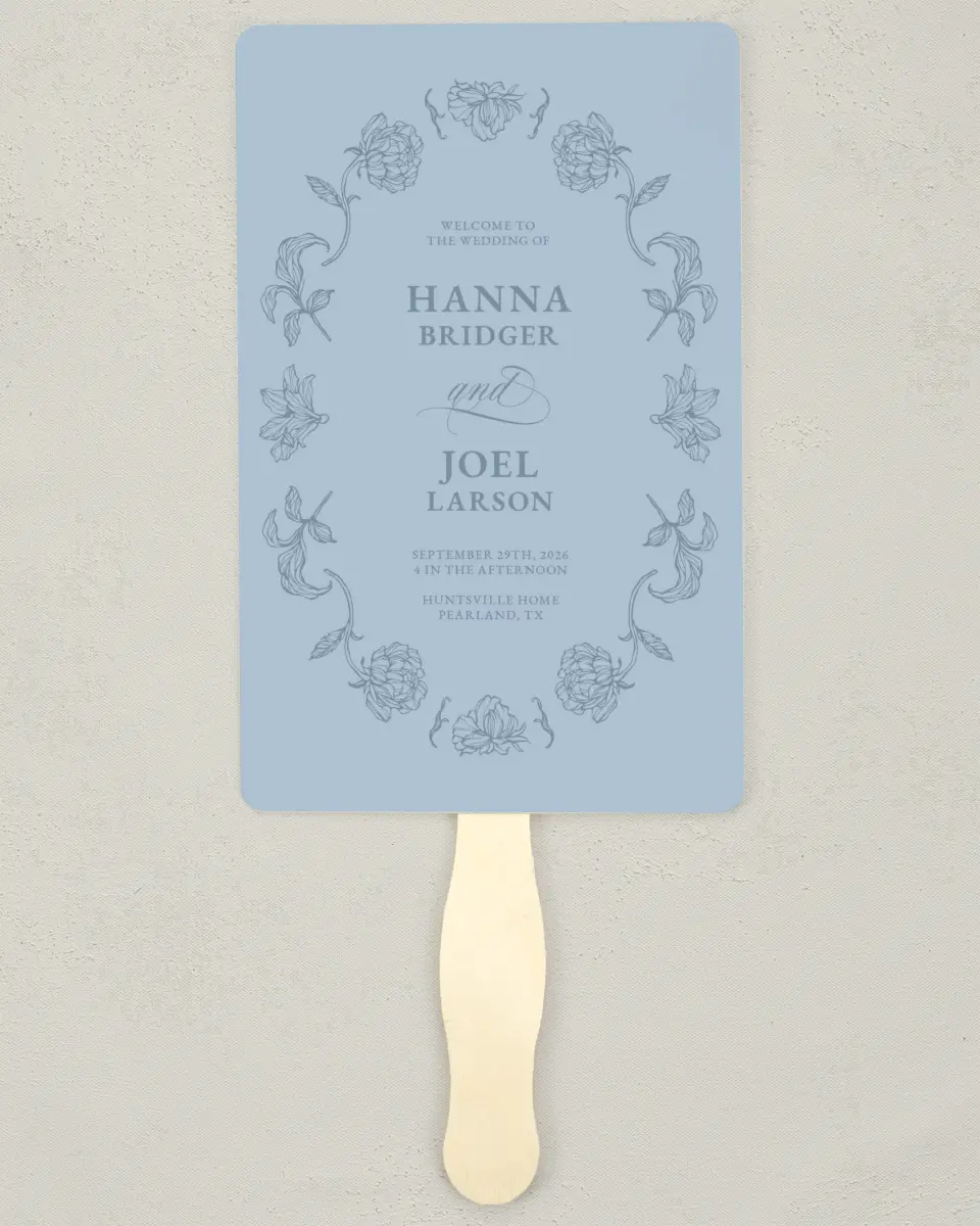 This is a 5" x 7⅞" Wedding Program Fan called Pressed Petals printed in full color with Gold foil on Premium Smooth paper