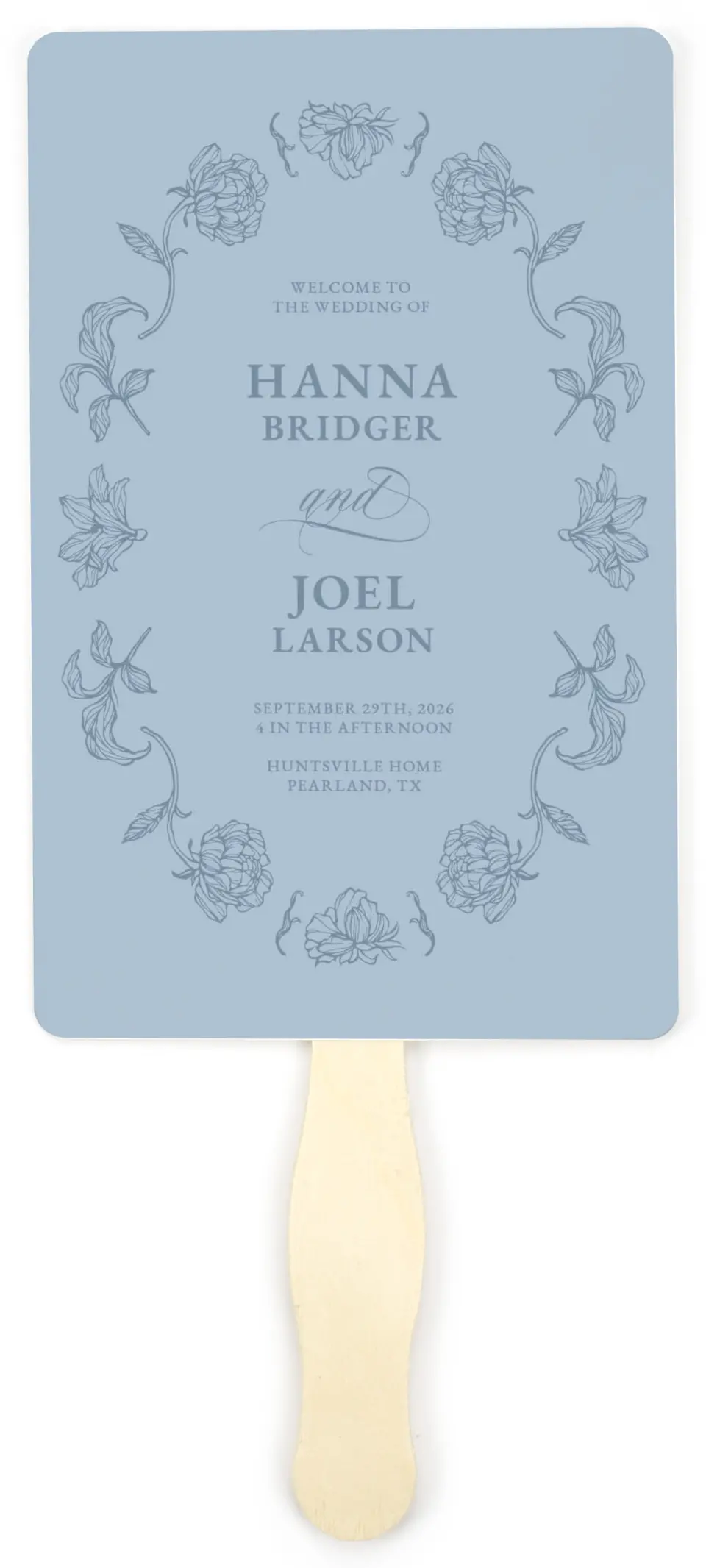 This is a 5" x 7⅞" Wedding Program Fan called Pressed Petals printed in full color with Gold foil on Premium Smooth paper