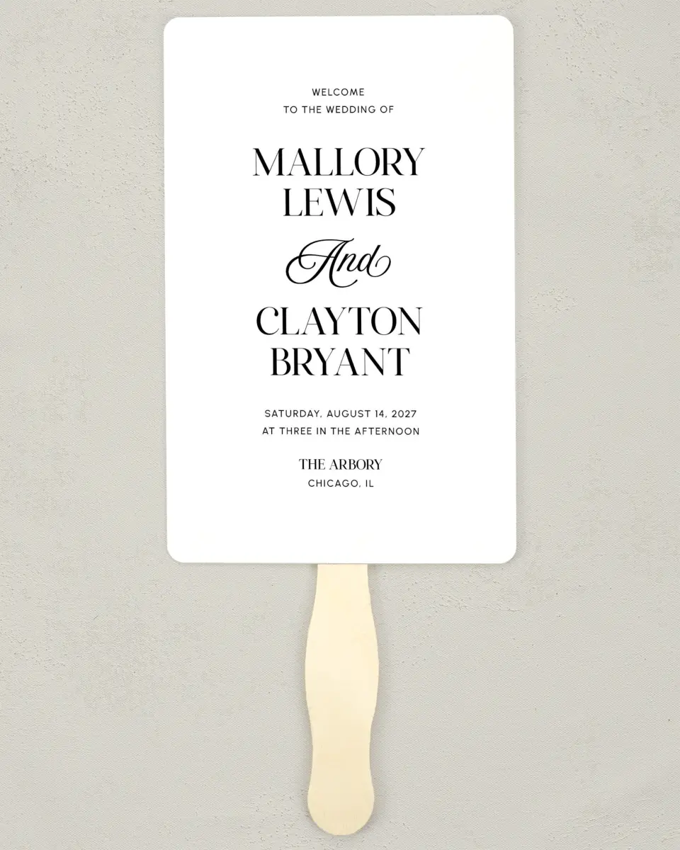 This is a 5" x 7⅞" Wedding Program Fan called The Mallory printed in full color on Premium Smooth paper