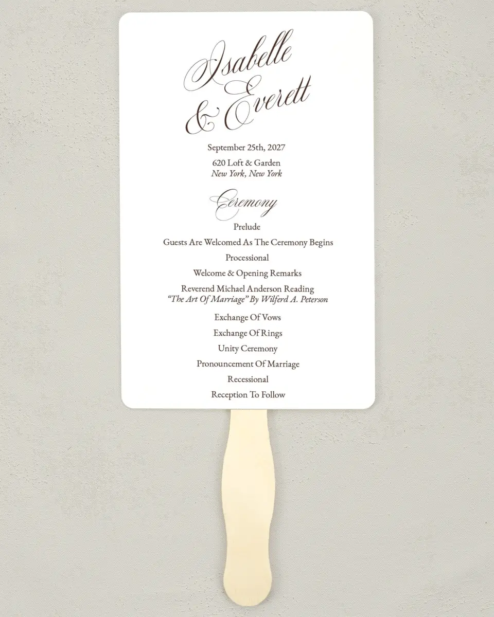 This is a 5" x 7⅞" Wedding Program Fan called The Isabelle printed in full color on Premium Smooth paper