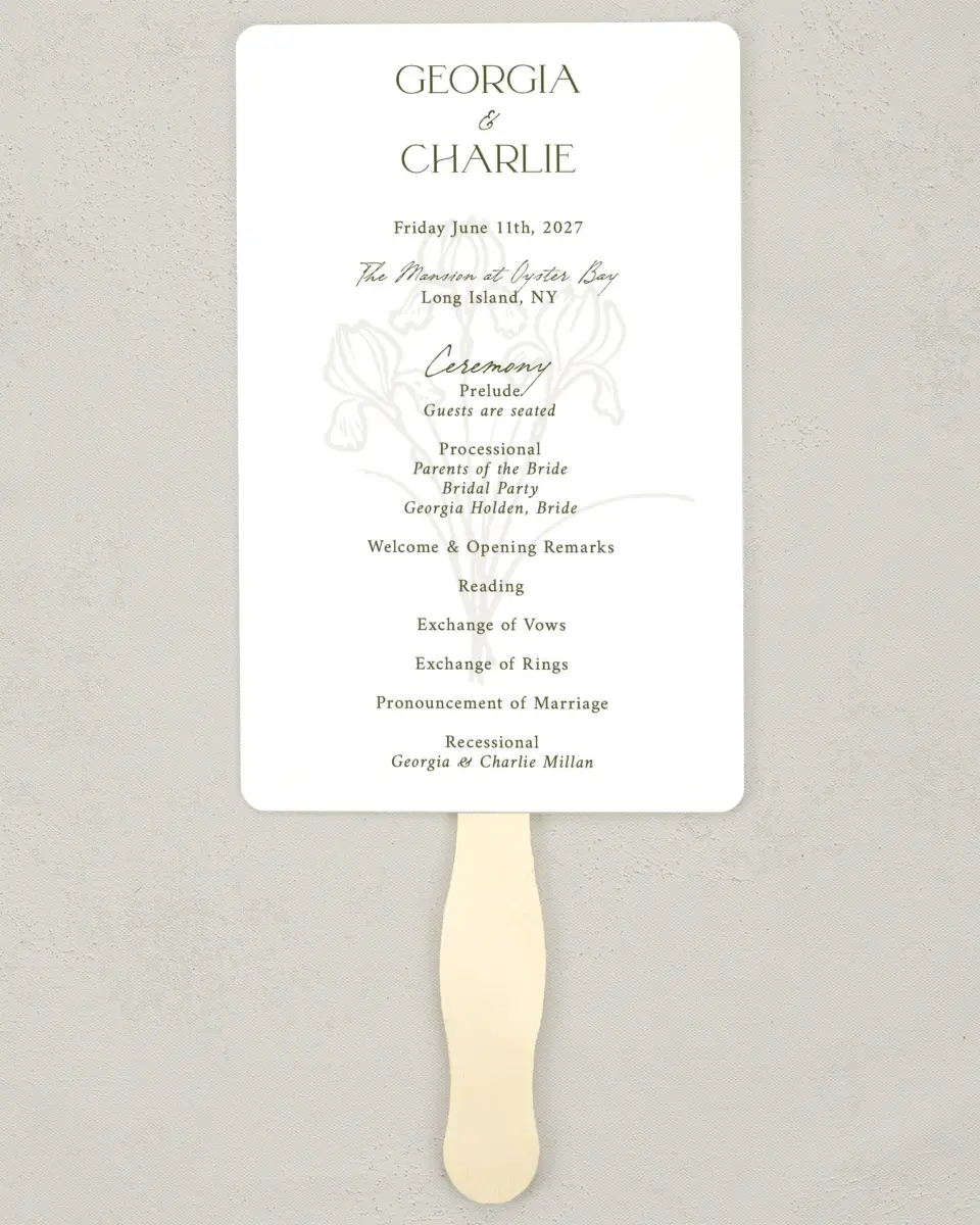 This is a 5" x 7⅞" Wedding Program Fan called The Georgia printed in full color on Premium Smooth paper