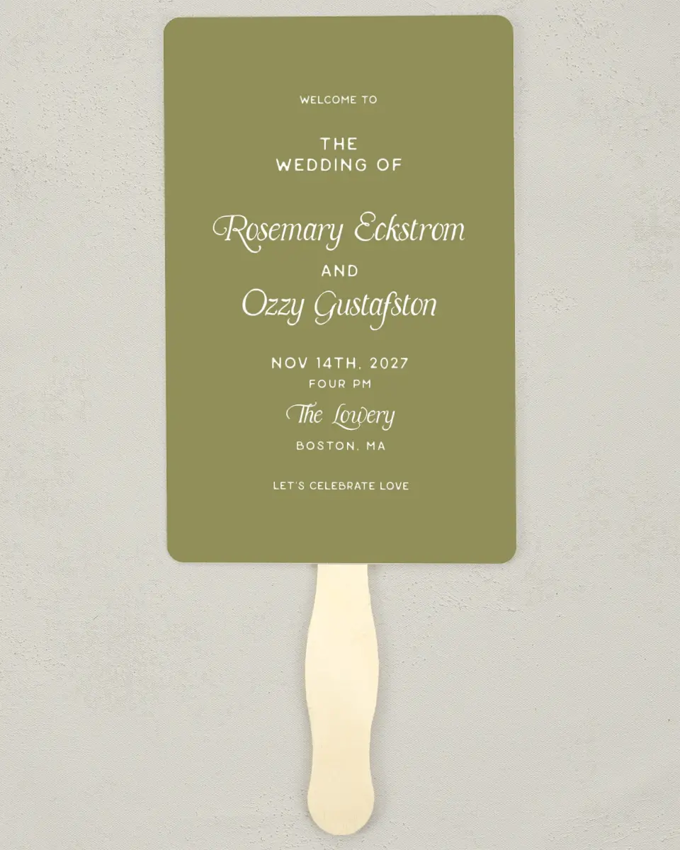 This is a 5" x 7⅞" Wedding Program Fan called The Rosemary printed in full color on Premium Smooth paper