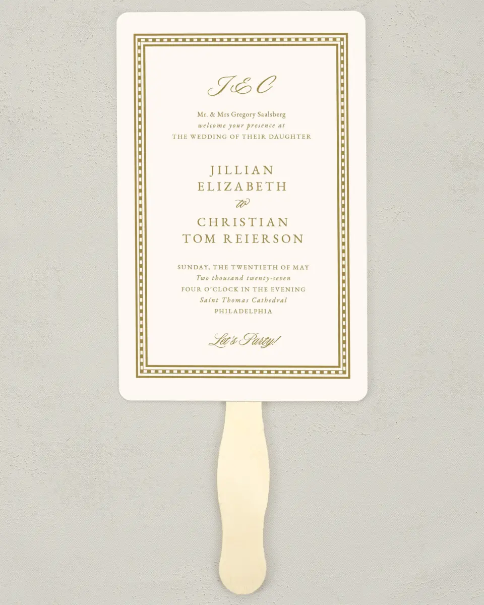 This is a 5" x 7⅞" Wedding Program Fan called The Jillian printed in full color with Gold foil on Luxe Satin (coated) paper