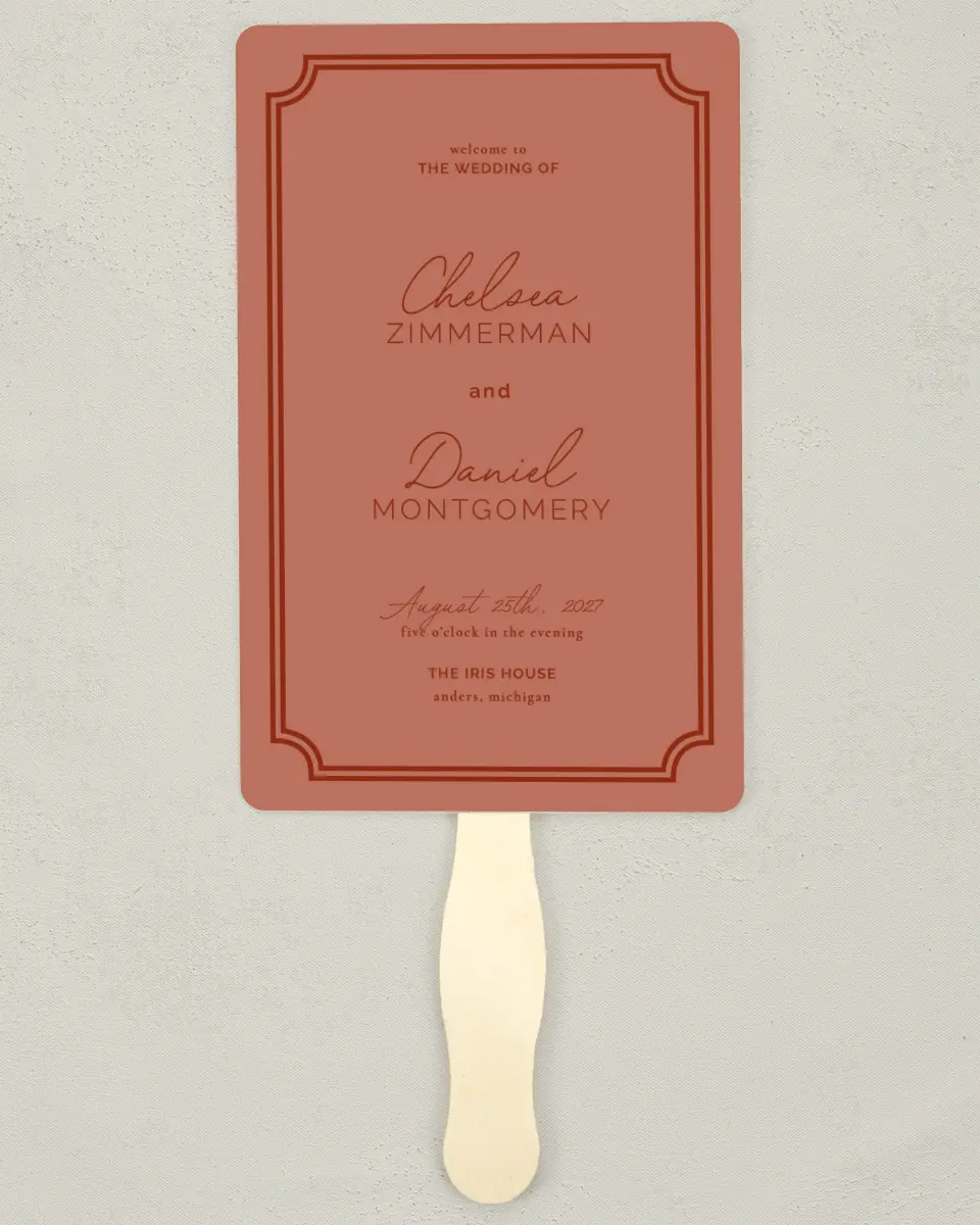This is a 5" x 7⅞" Wedding Program Fan called The Chelsea printed in full color on Premium Smooth paper