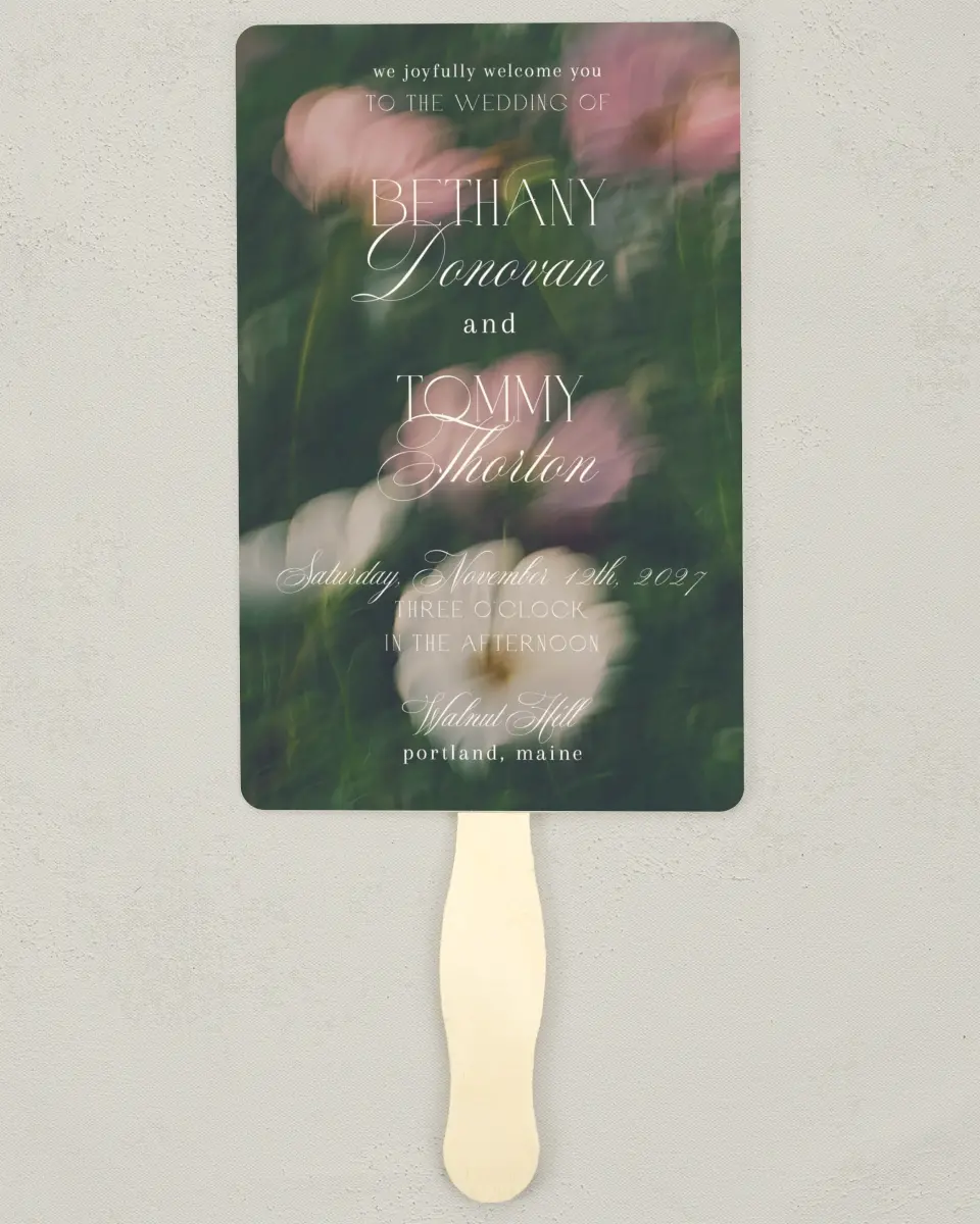 This is a 5" x 7⅞" Wedding Program Fan called The Bethany printed in full color on Premium Smooth paper