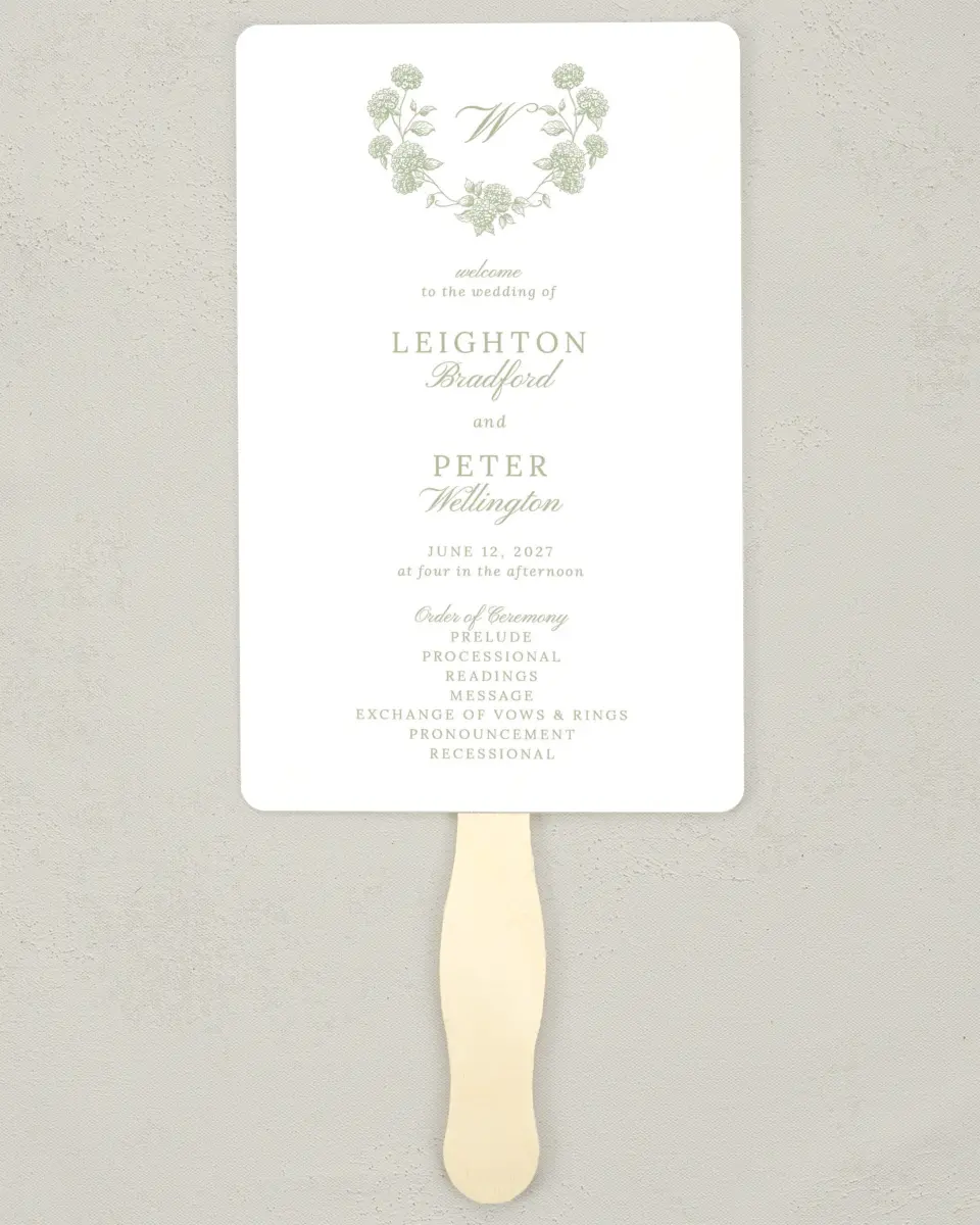 This is a 5" x 7⅞" Wedding Program Fan called Harmonious Hydrangea printed in full color on Premium Smooth paper
