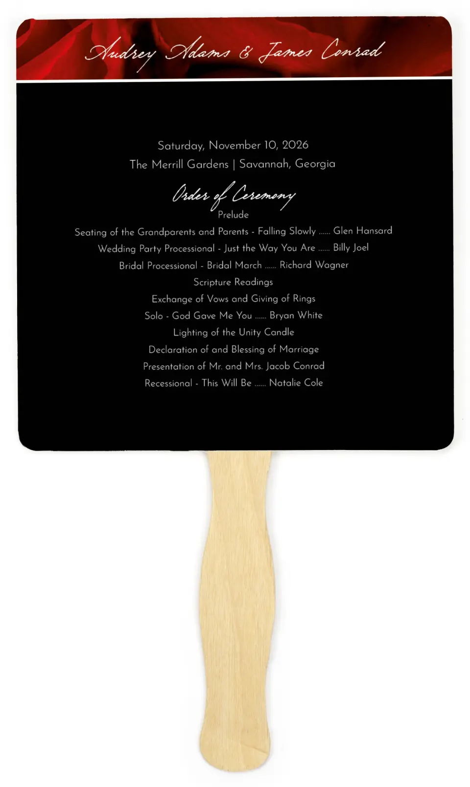 This is a 6¼" x 6¼" Wedding Program Fan called Dramatic Roses printed in full color on Premium Smooth paper