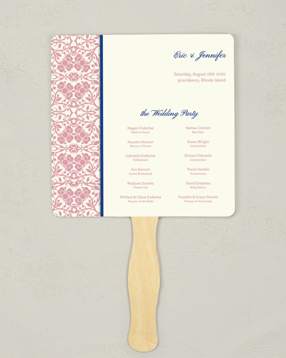 This is a 6¼" x 6¼" Wedding Program Fan called Floral Ornament printed in full color on Premium Smooth paper