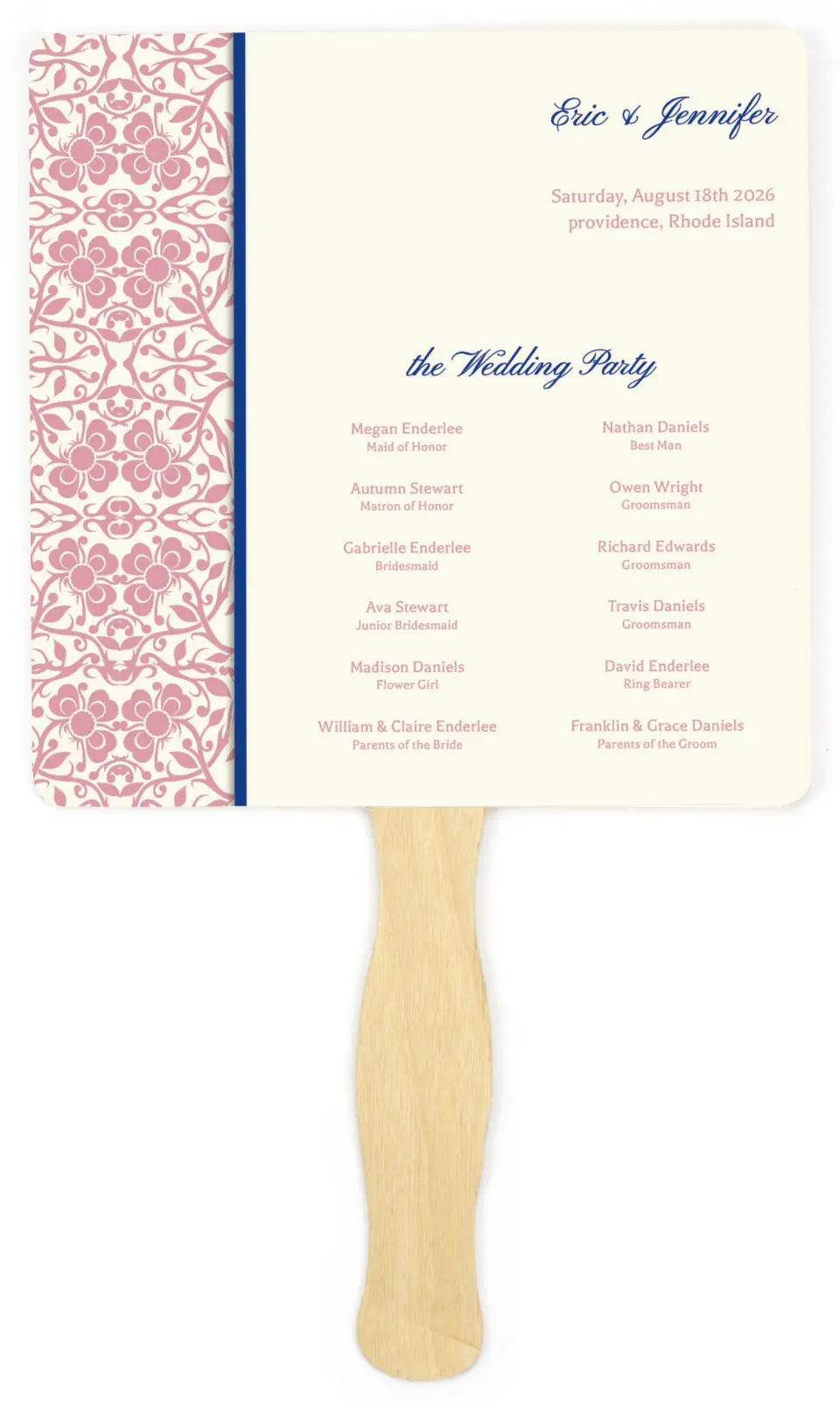 This is a 6¼" x 6¼" Wedding Program Fan called Floral Ornament printed in full color on Premium Smooth paper