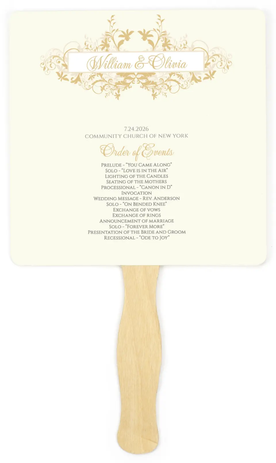 This is a 6¼" x 6¼" Wedding Program Fan called Classic Allure printed in full color on Premium Smooth paper