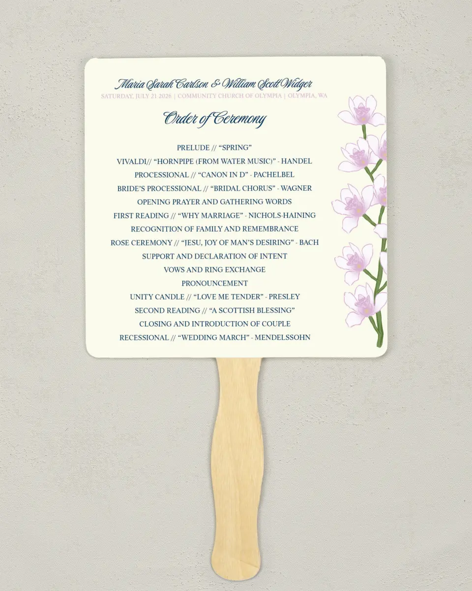 This is a 6¼" x 6¼" Wedding Program Fan called Waking Beauty printed in full color on Premium Smooth paper