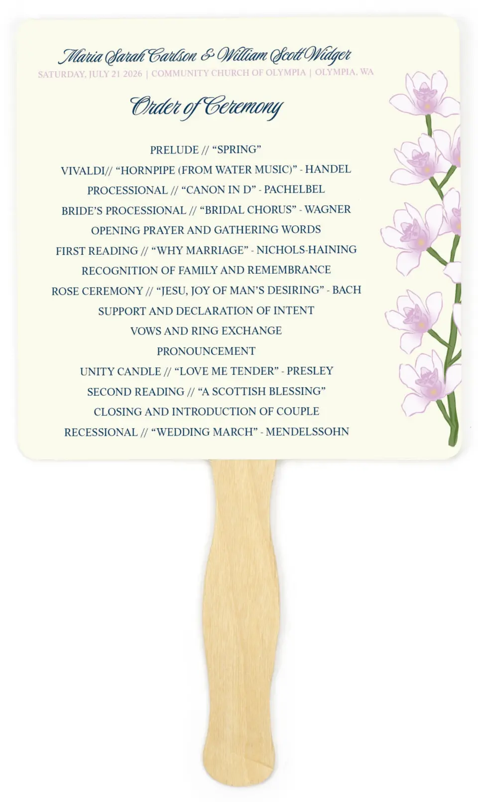 This is a 6¼" x 6¼" Wedding Program Fan called Waking Beauty printed in full color on Premium Smooth paper
