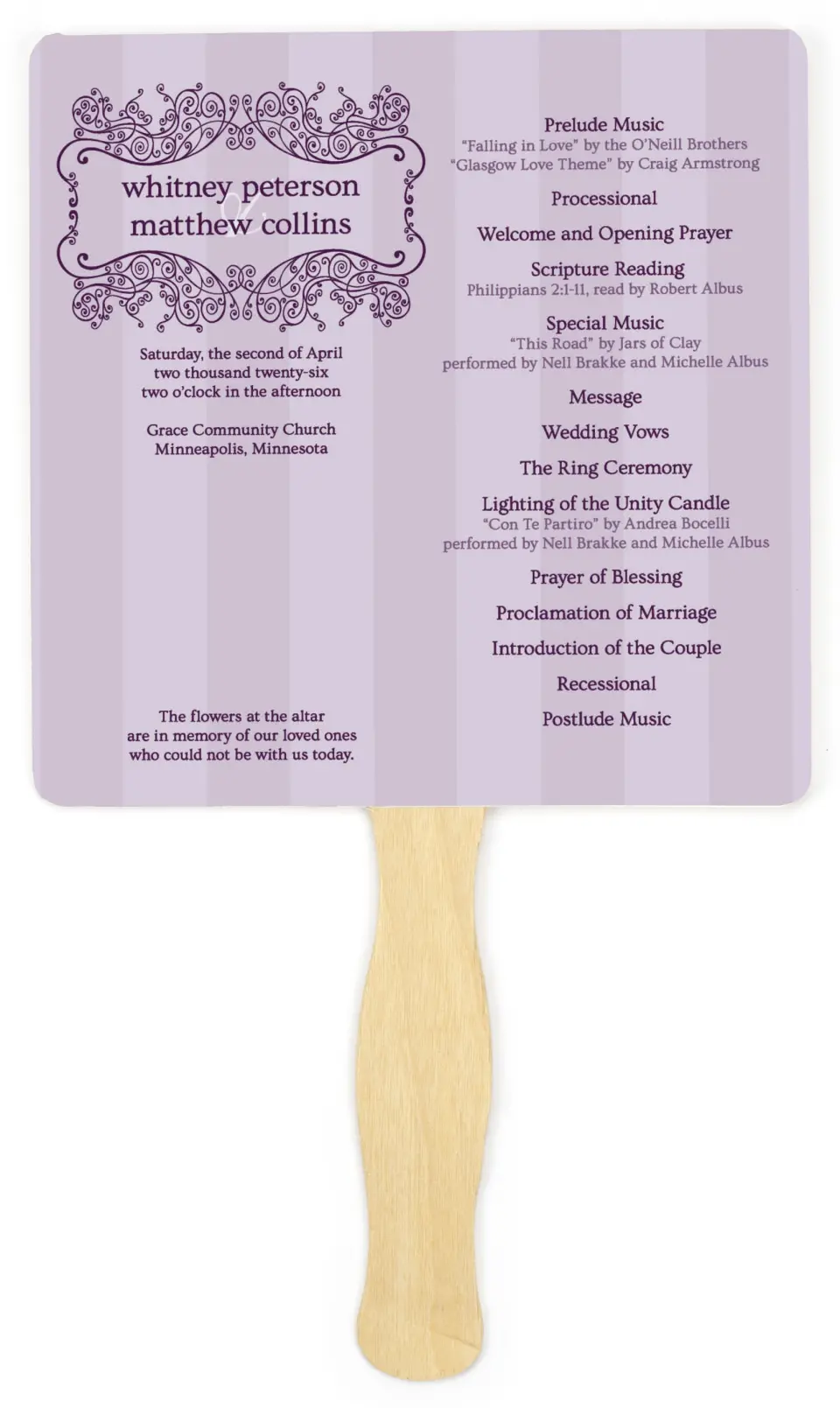 This is a 6¼" x 6¼" Wedding Program Fan called Lovely Lavender printed in full color on Premium Smooth paper