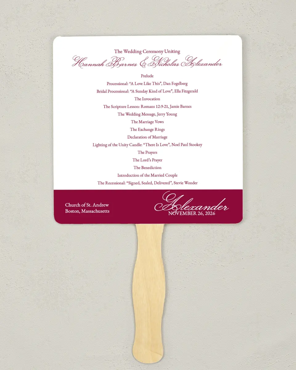 This is a 6¼" x 6¼" Wedding Program Fan called Forever Yours printed in full color on Premium Smooth paper