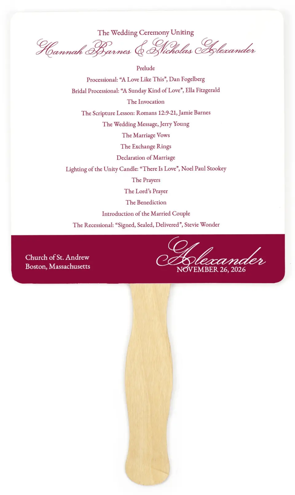 This is a 6¼" x 6¼" Wedding Program Fan called Forever Yours printed in full color on Premium Smooth paper