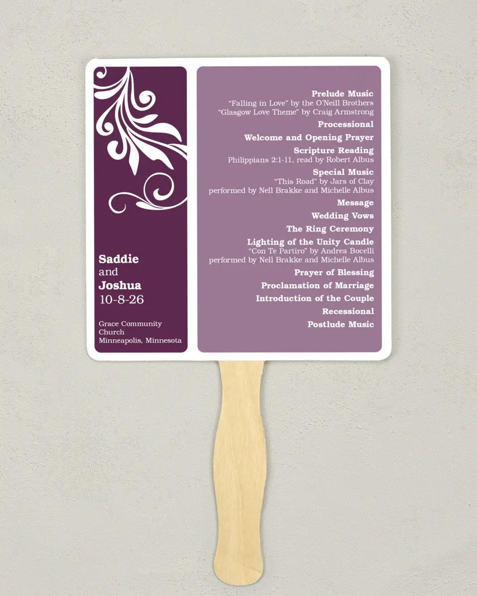 This is a 6¼" x 6¼" Wedding Program Fan called Alluring Affection printed in full color on Premium Smooth paper