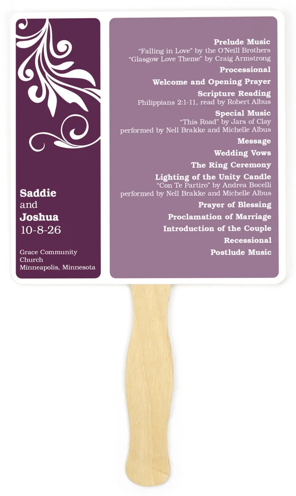 This is a 6¼" x 6¼" Wedding Program Fan called Alluring Affection printed in full color on Premium Smooth paper