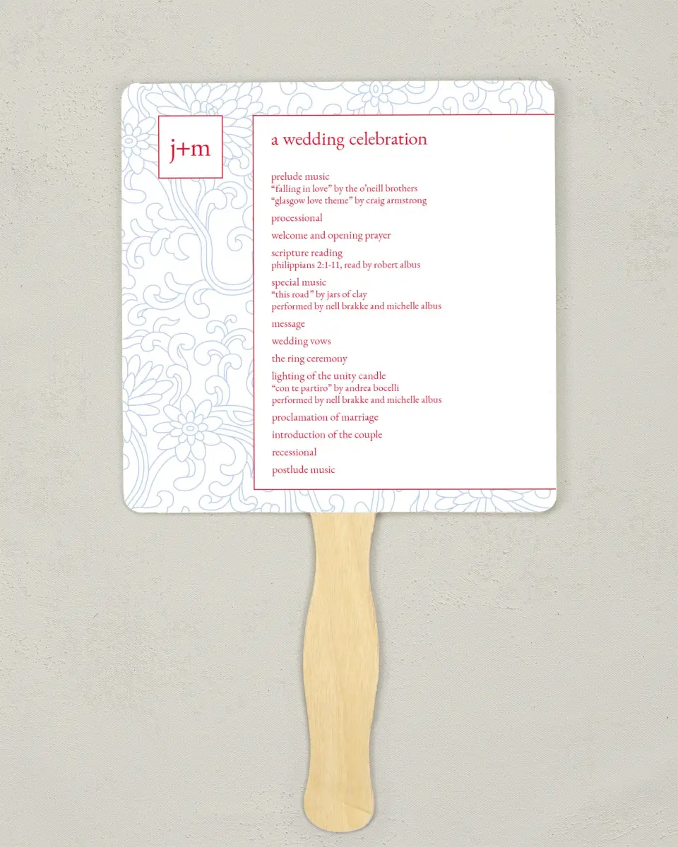 This is a 6¼" x 6¼" Wedding Program Fan called Pristine Beauty printed in full color on Premium Smooth paper
