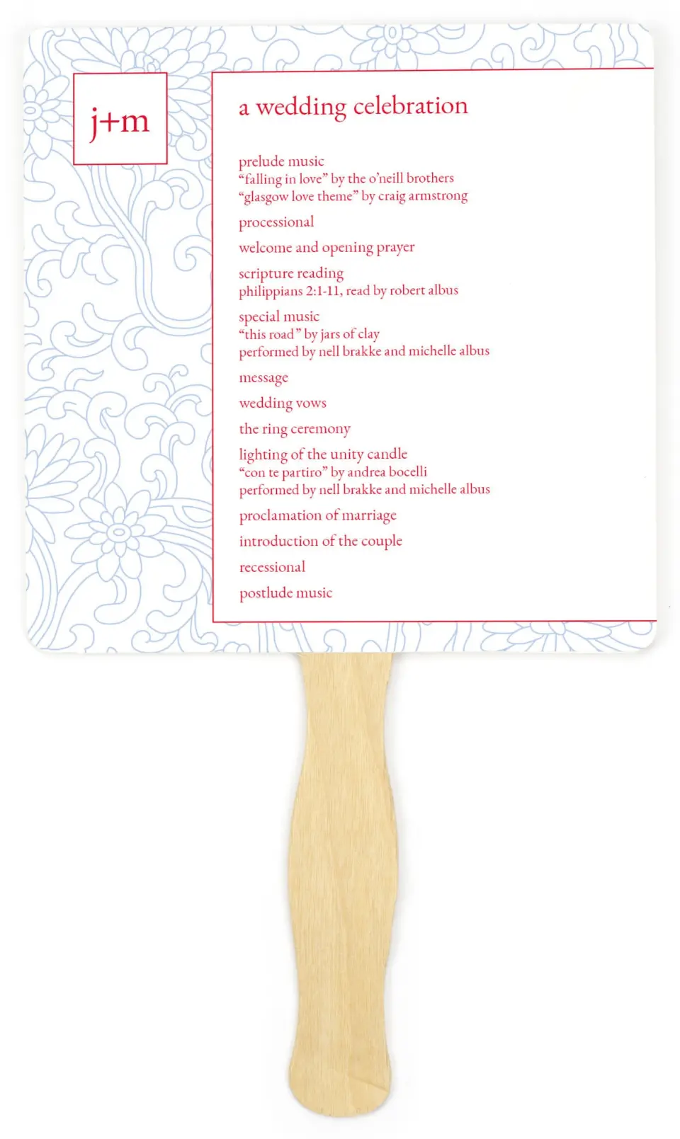 This is a 6¼" x 6¼" Wedding Program Fan called Pristine Beauty printed in full color on Premium Smooth paper