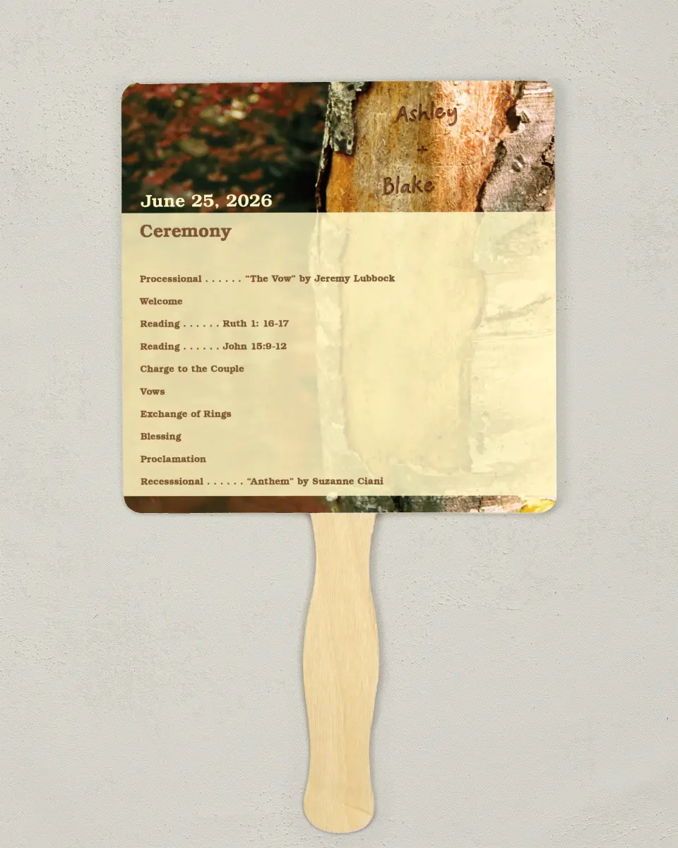 This is a 6¼" x 6¼" Wedding Program Fan called Carved in Love - Autumn printed in full color on Premium Smooth paper