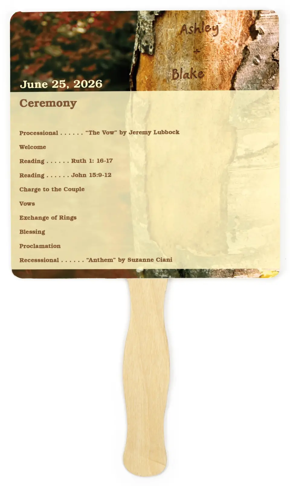 This is a 6¼" x 6¼" Wedding Program Fan called Carved in Love - Autumn printed in full color on Premium Smooth paper