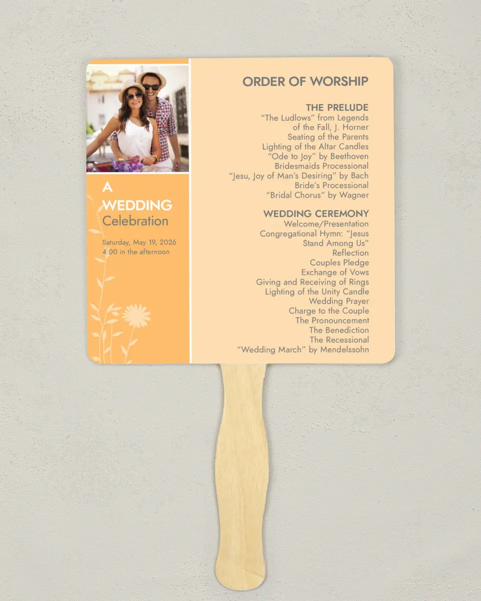 This is a 6¼" x 6¼" Wedding Program Fan called Field of Love printed in full color on Premium Smooth paper