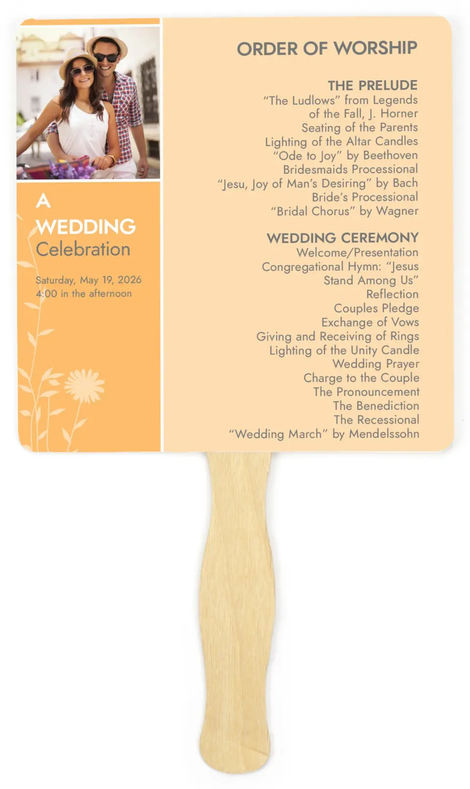 This is a 6¼" x 6¼" Wedding Program Fan called Field of Love printed in full color on Premium Smooth paper