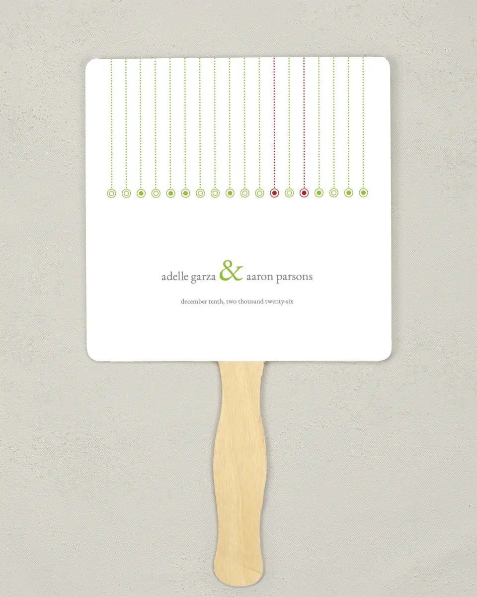 This is a 6¼" x 6¼" Wedding Program Fan called Ornament Stripe printed in full color on Premium Smooth paper