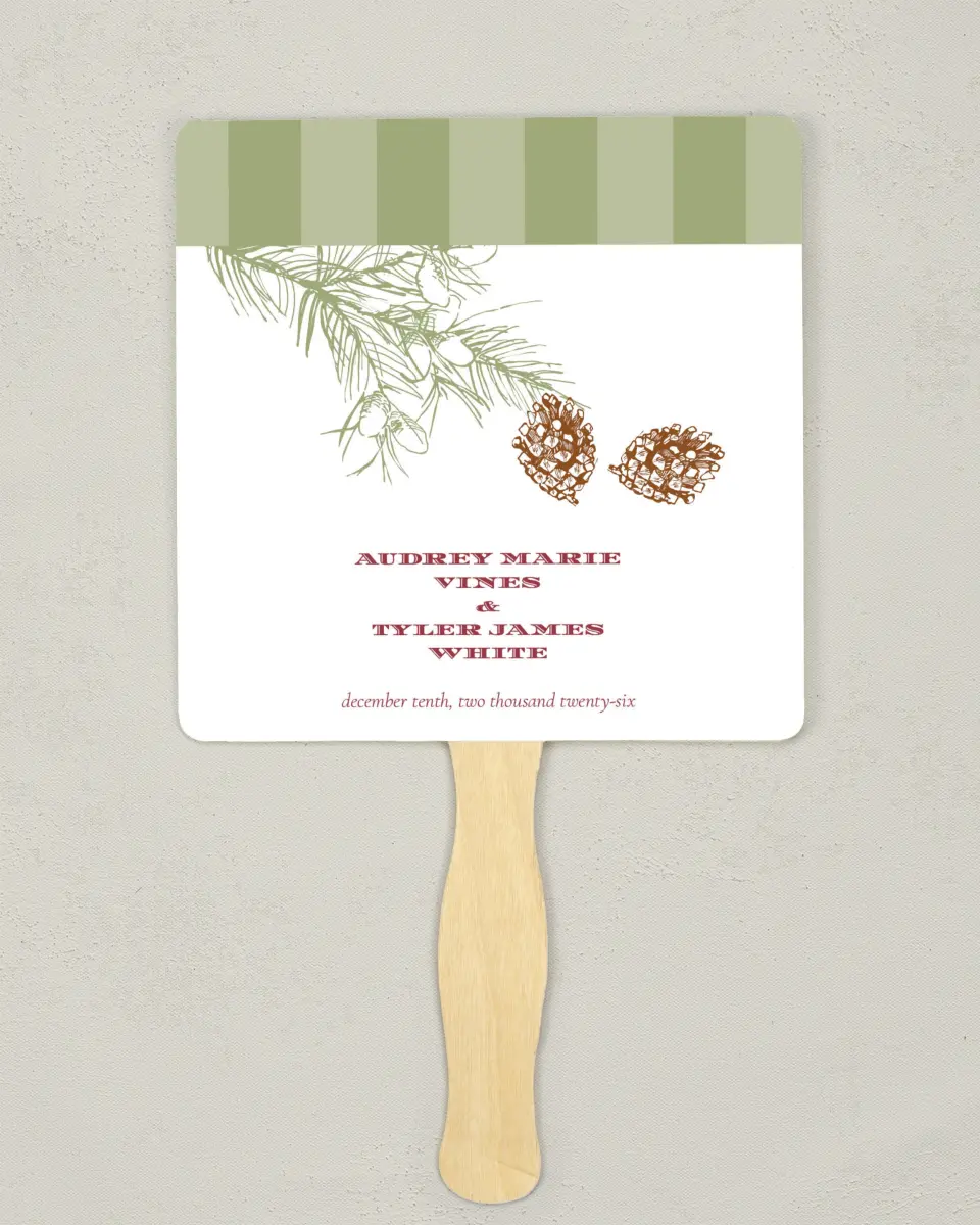 This is a 6¼" x 6¼" Wedding Program Fan called Evergreen Christmas printed in full color on Premium Smooth paper