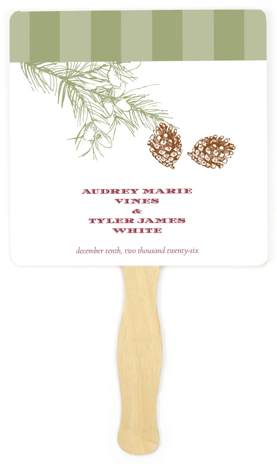 This is a 6¼" x 6¼" Wedding Program Fan called Evergreen Christmas printed in full color on Premium Smooth paper