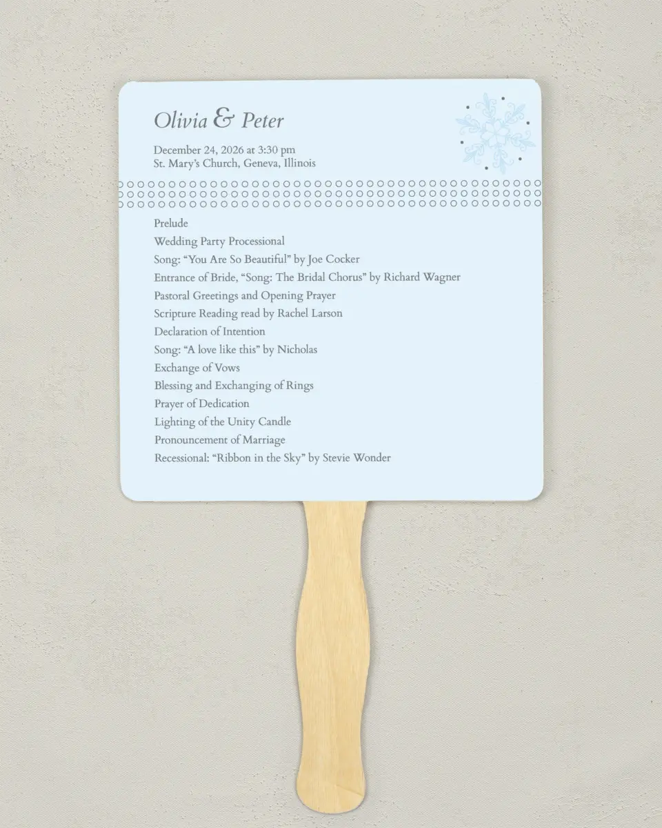 This is a 6¼" x 6¼" Wedding Program Fan called Seasonal Snowflake printed in full color on Premium Smooth paper