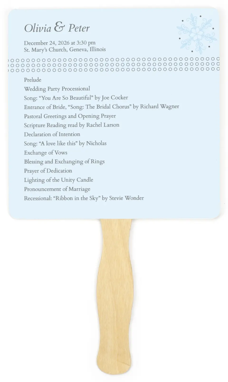 This is a 6¼" x 6¼" Wedding Program Fan called Seasonal Snowflake printed in full color on Premium Smooth paper