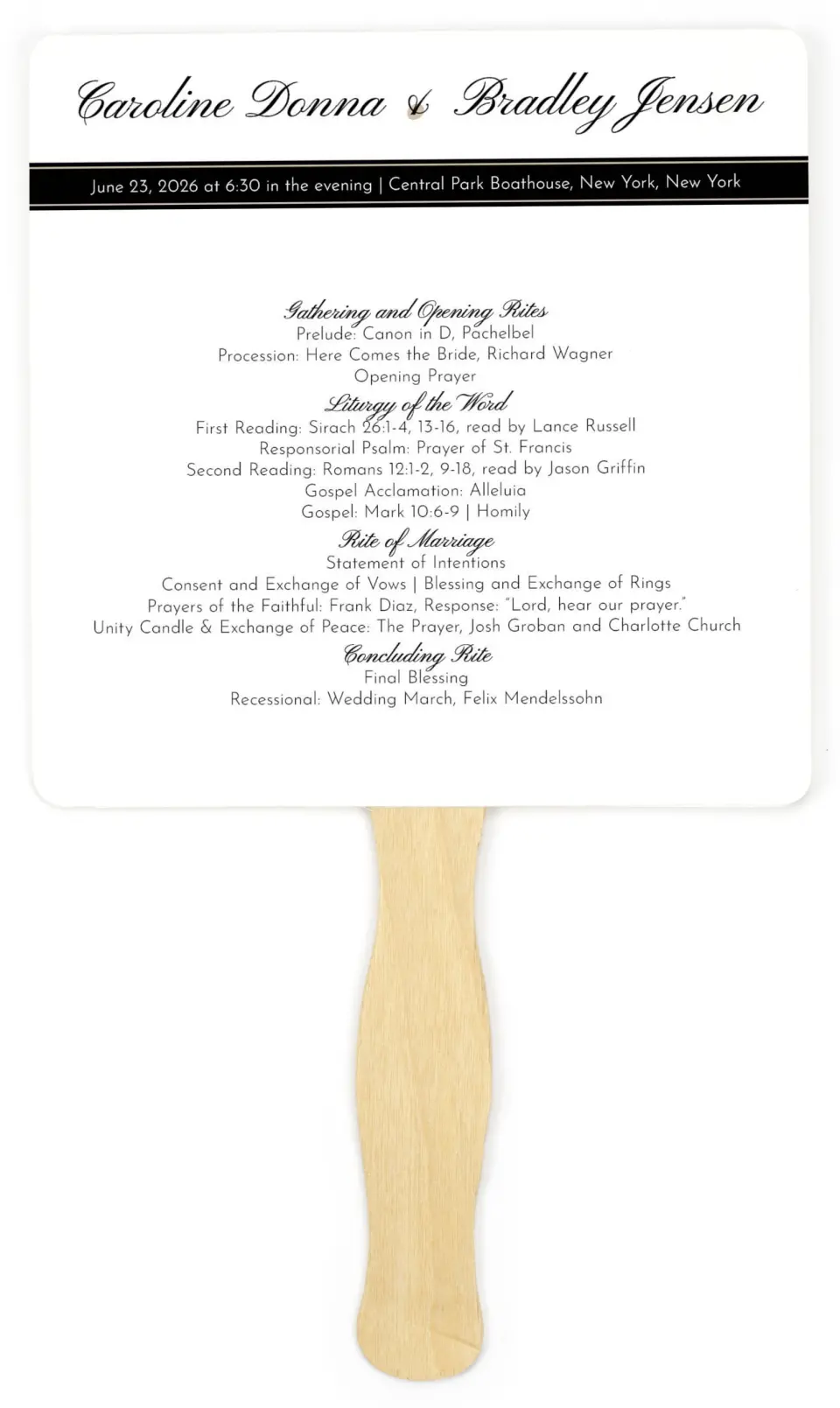 This is a 6¼" x 6¼" Wedding Program Fan called Vision of Love printed in full color on Premium Smooth paper