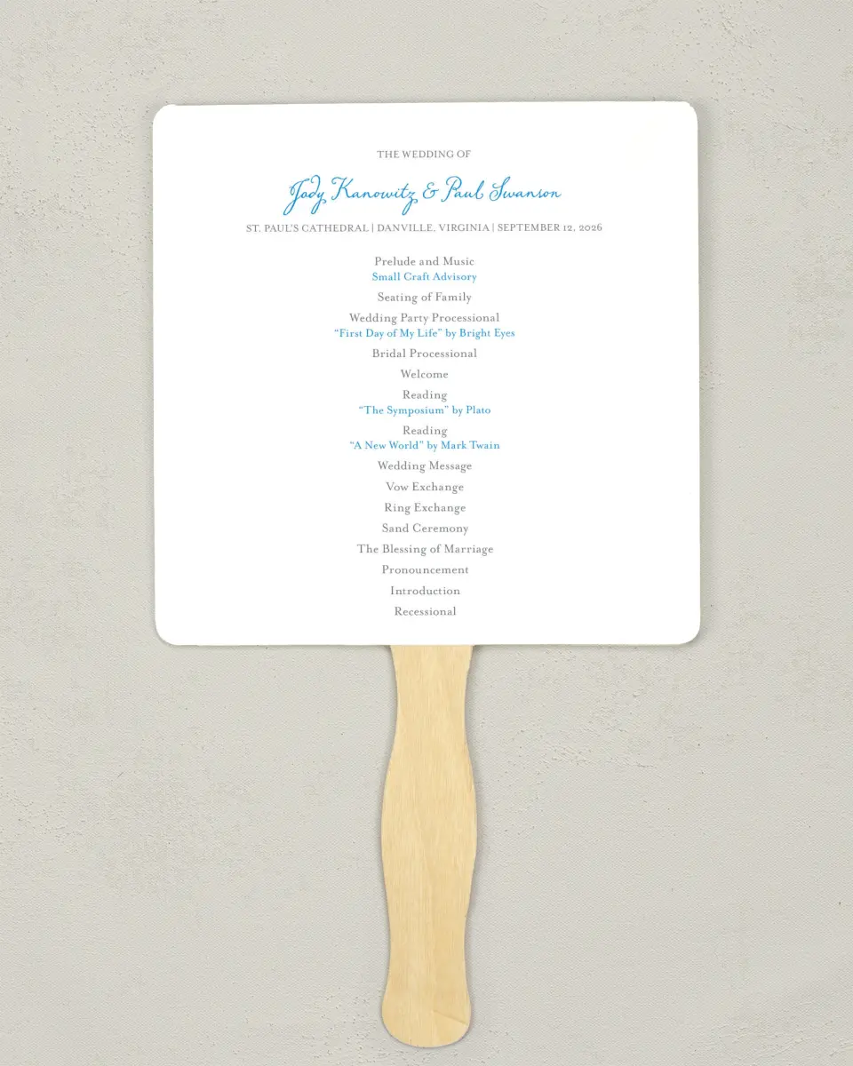 This is a 6¼" x 6¼" Wedding Program Fan called On This Day printed in full color on Premium Smooth paper