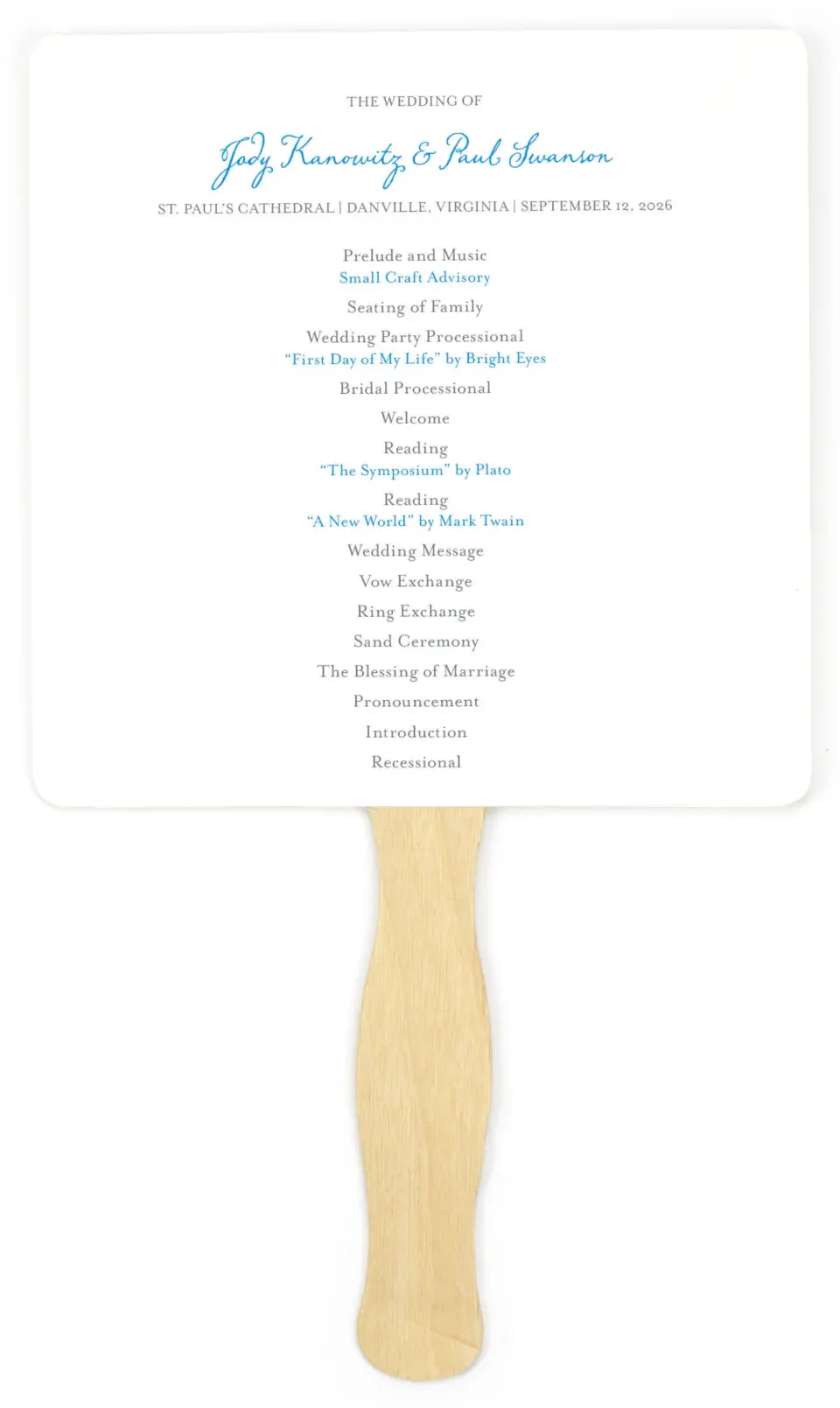This is a 6¼" x 6¼" Wedding Program Fan called On This Day printed in full color on Premium Smooth paper