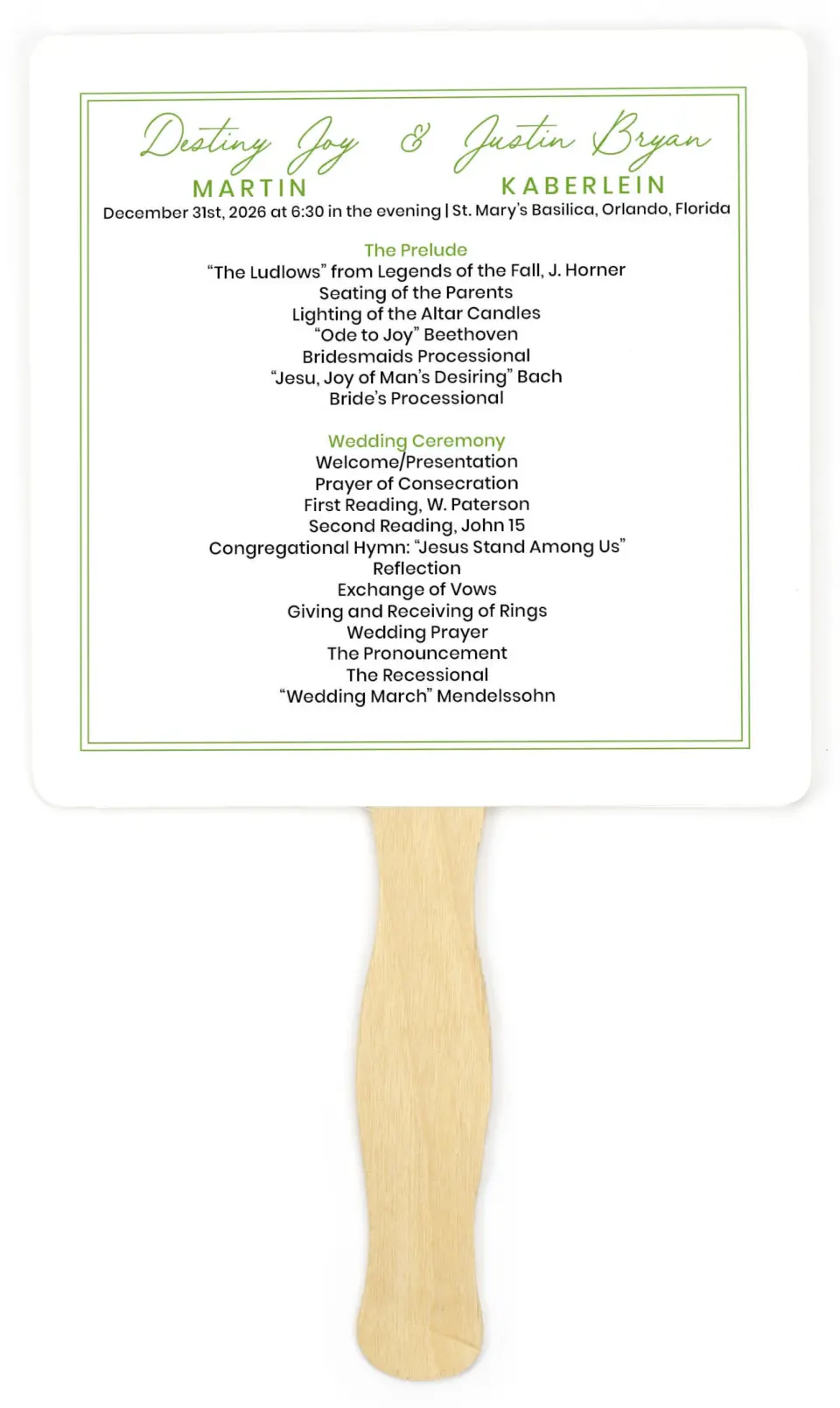 This is a 6¼" x 6¼" Wedding Program Fan called Simplistic Splendor printed in full color on Premium Smooth paper