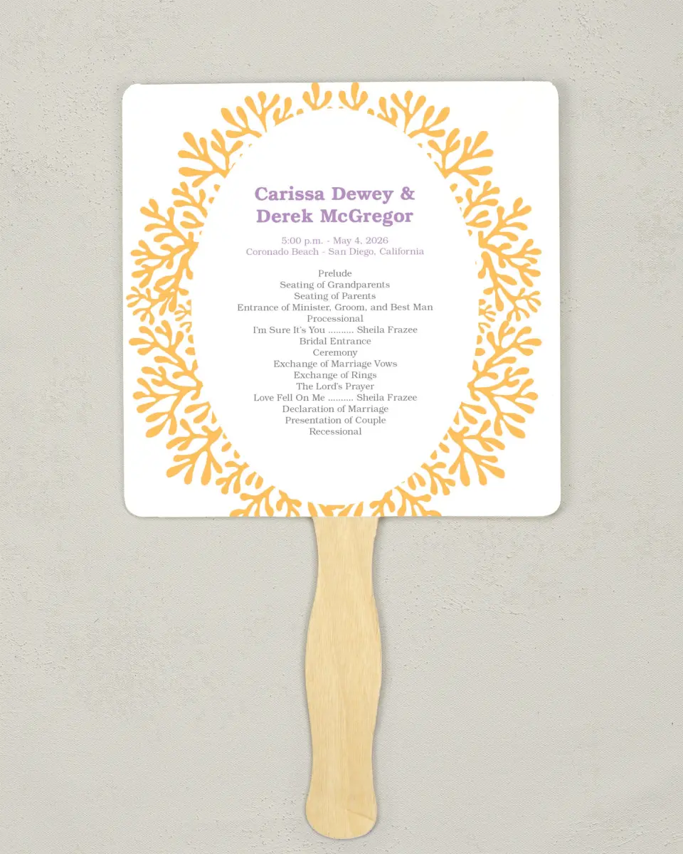 This is a 6¼" x 6¼" Wedding Program Fan called Watercolor Coral printed in full color on Premium Smooth paper