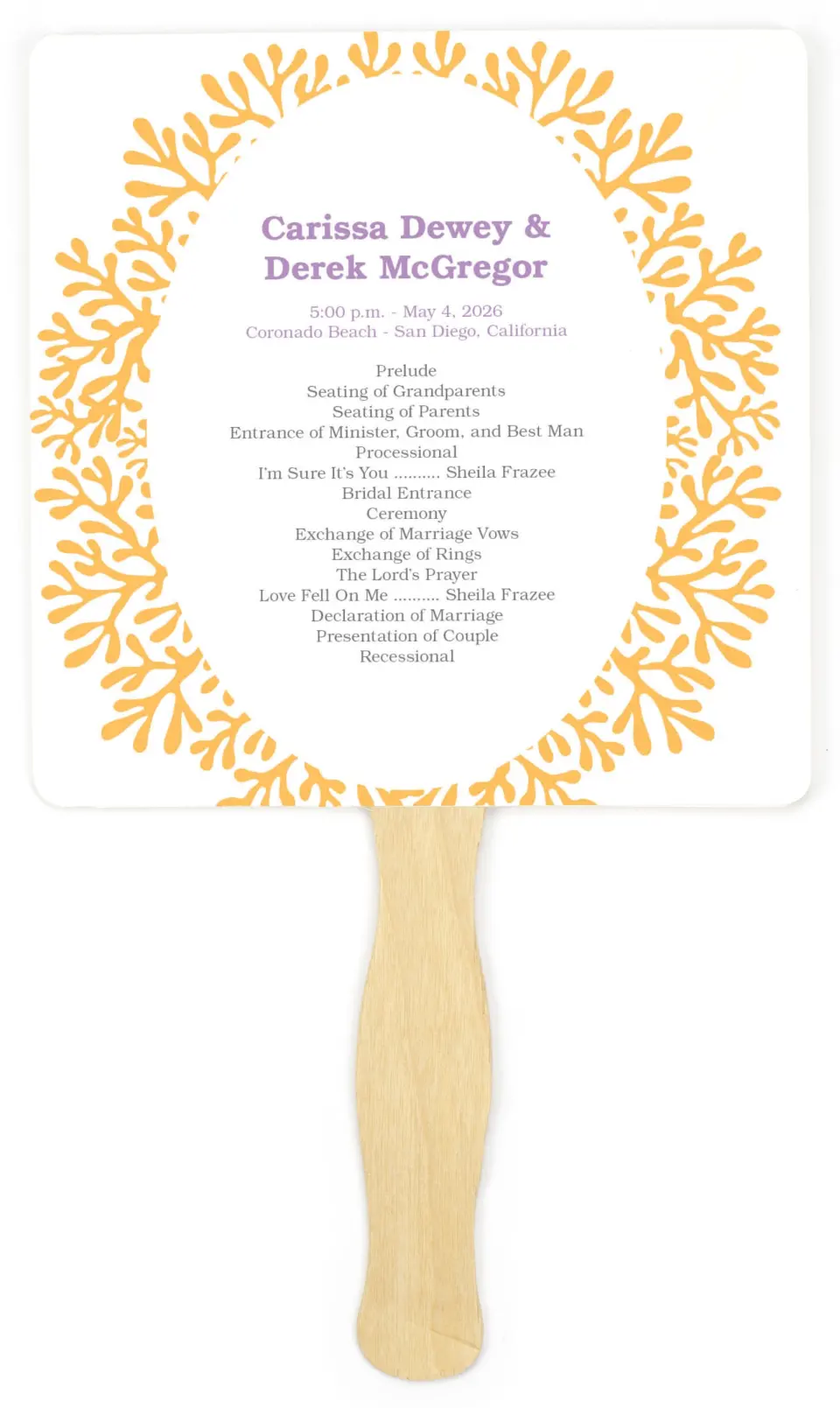 This is a 6¼" x 6¼" Wedding Program Fan called Watercolor Coral printed in full color on Premium Smooth paper