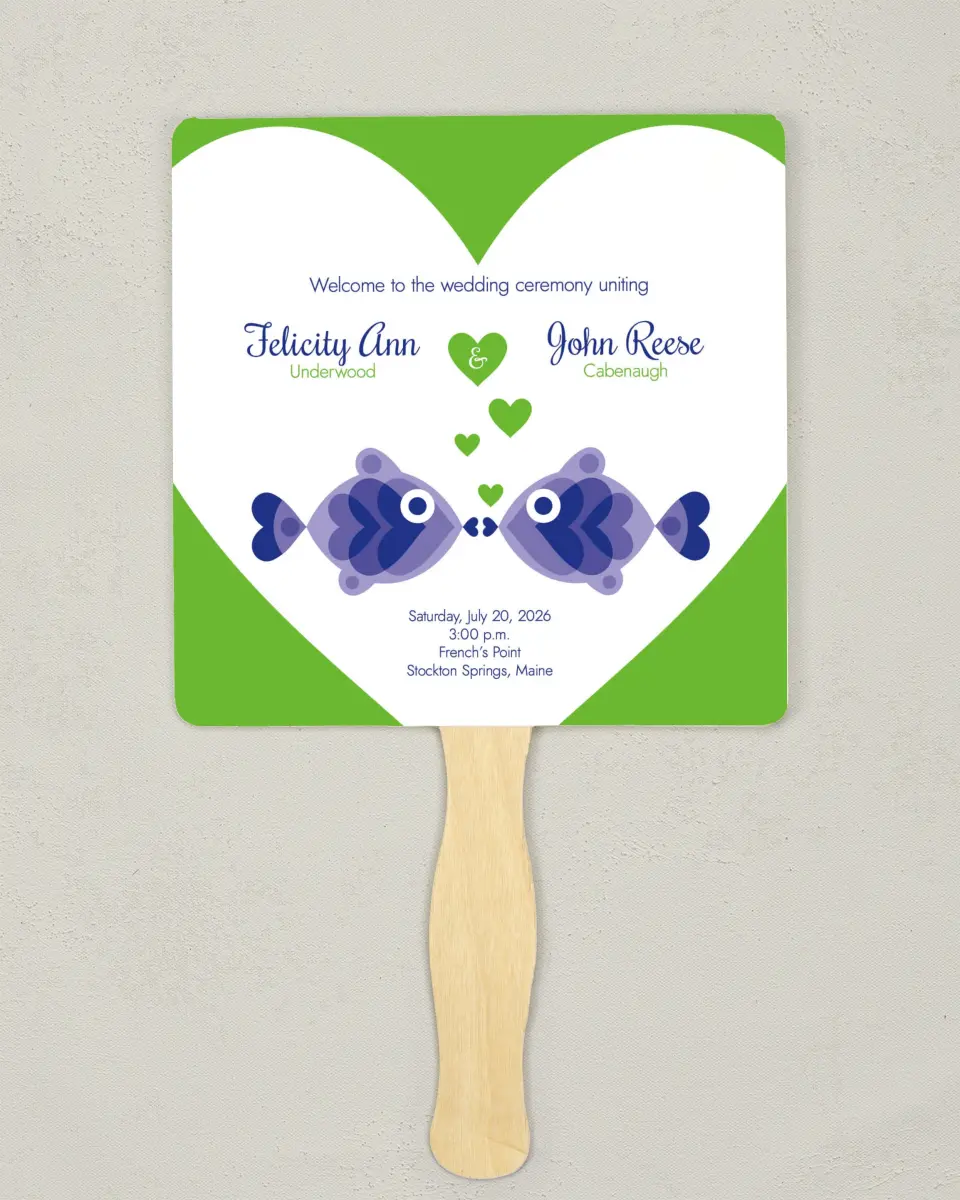 This is a 6¼" x 6¼" Wedding Program Fan called Pucker Up printed in full color on Premium Smooth paper